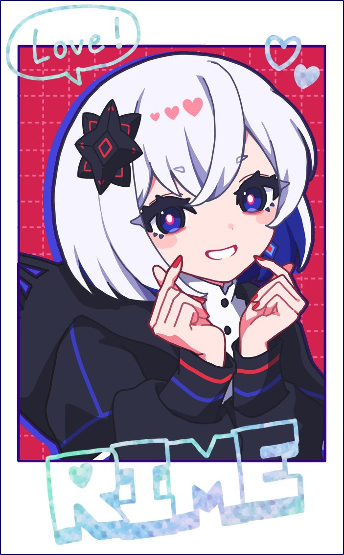 1girl black_jacket blue_eyes blue_hair border bright_pupils cevio character_name colored_inner_hair cropped_torso diamond_earrings earrings finger_heart grid_background hair_ornament hands_up heart hood hood_down hooded_jacket index_finger_raised jacket jewelry kamitsubaki_studio long_sleeves looking_at_viewer mandarin_collar medium_hair moemoebi multicolored_eyes multicolored_hair open_mouth red_background rime_(cevio) shirt smile solo star_(symbol) star_hair_ornament teeth two-tone_hair white_border white_hair white_pupils white_shirt
