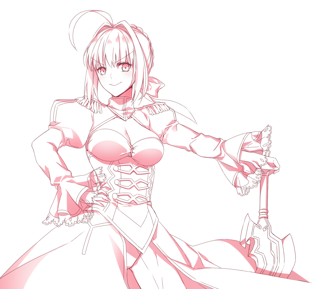 1girl ahoge braid breasts cleavage cleavage_cutout clothing_cutout commentary_request cowboy_shot epaulettes fate/extra fate_(series) hair_intakes hand_on_own_hip juliet_sleeves large_breasts limited_palette long_sleeves nero_claudius_(fate) nero_claudius_(fate/extra) puffy_sleeves sleeves_past_wrists smile solo ycco_(estrella)