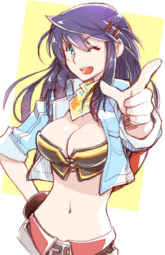 1girl black_hair blue_eyes blue_jacket breasts ckj_(harinezu) cleavage commentary_request cropped_jacket god_eater god_eater_2:_rage_burst hand_on_own_hip jacket long_hair looking_at_viewer medium_breasts midriff navel one_eye_closed open_mouth player_(god_eater_burst) pointing pointing_at_viewer smile solo two-tone_background upper_body white_background yellow_background