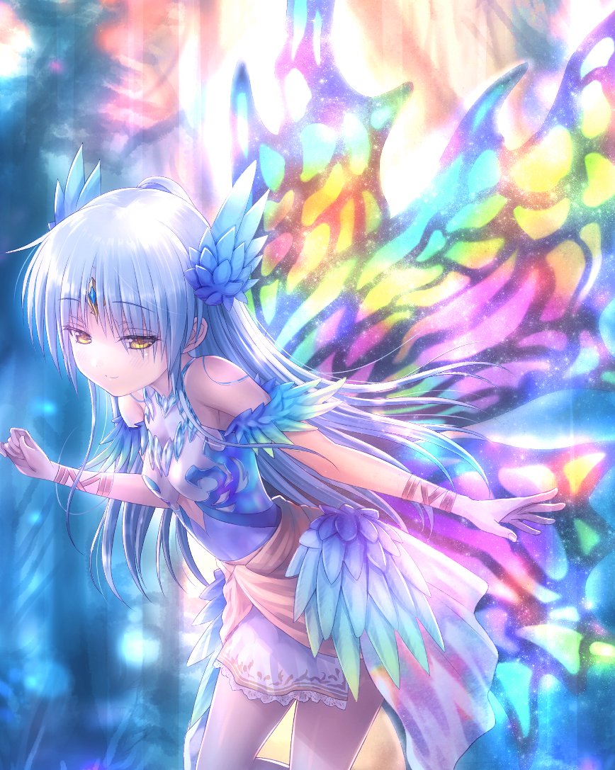 1girl angel_beats! butterfly_wings closed_mouth commentary_request dress fantasy forehead_jewel goto_p grey_hair insect_wings long_hair smile solo standing standing_on_one_leg tenshi_(angel_beats!) wings yellow_eyes
