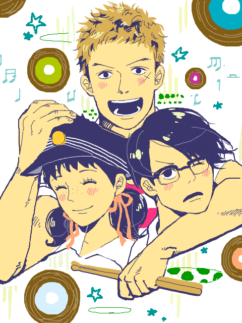 1girl 2boys :d arms_around_neck artist_request black_hair blonde_hair blush cropped_torso cross_scar drumsticks facial_scar glasses hat holding holding_drumsticks hug hug_from_behind kawabuchi_sentarou looking_at_viewer military_hat mukae_ritsuko multiple_boys nishimi_kaoru one_eye_closed open_mouth sakamichi_no_apollon scar scar_on_cheek scar_on_face shirt short_hair smile striped_clothes striped_shirt
