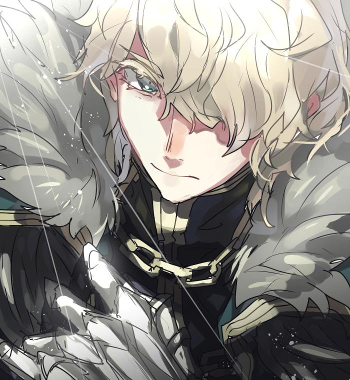 1boy aqua_eyes ayanolity black_cape blonde_hair cape chain commentary_request fate/grand_order fate_(series) fur_trim gauntlets gawain_(fate) light_rays male_focus portrait solo