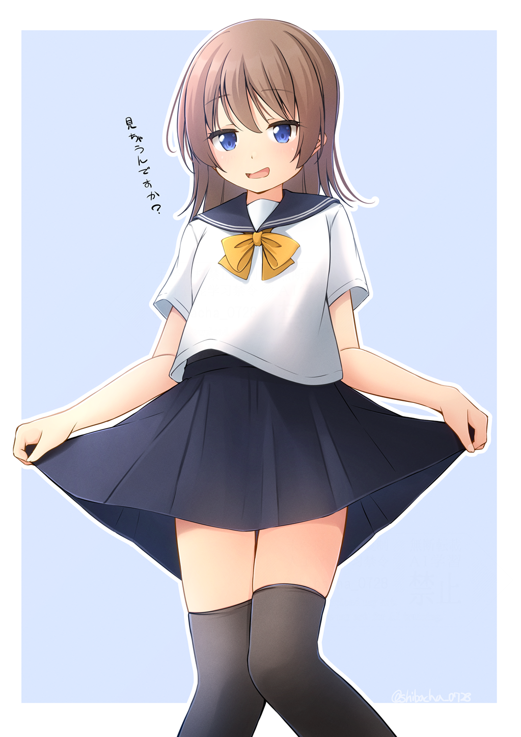 1girl black_thighhighs blue_background blue_eyes blue_sailor_collar blue_skirt border bow brown_hair commentary_request feet_out_of_frame hair_between_eyes highres knees_together_feet_apart looking_at_viewer open_mouth original outline pleated_skirt sailor_collar school_uniform serafuku shibacha shirt short_sleeves skirt skirt_hold smirk solo standing thighhighs translation_request white_border white_outline white_shirt yellow_bow
