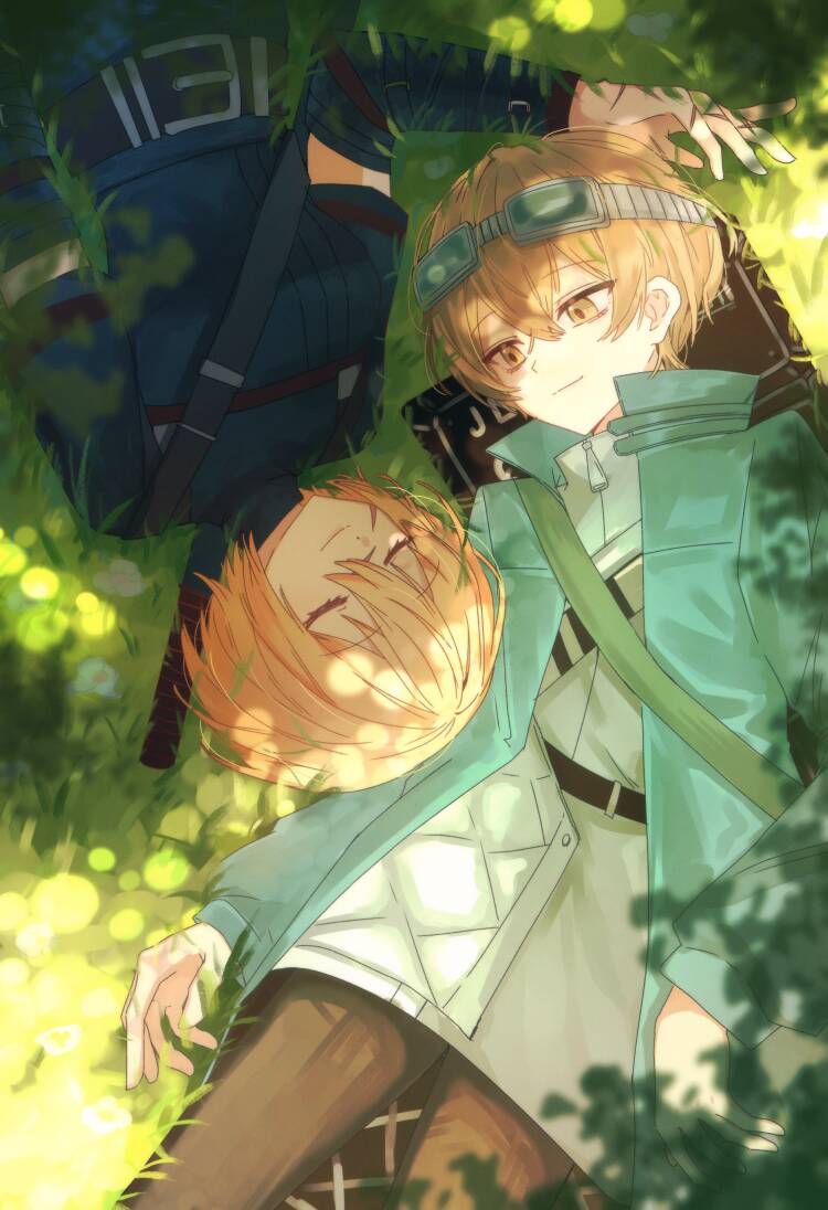 1boy 1girl belt black_belt blonde_hair blue-tinted_eyewear blue_belt blue_coat blue_shirt breasts bridal_gauntlets brown_pants closed_eyes closed_mouth coat commentary_request day devyat&#039;_association_north_uniform don_quixote_(project_moon) goggles goggles_on_head grass green_belt hair_between_eyes happy jacket leaf limbus_company long_sleeves looking_at_another lying medium_breasts on_back open_clothes open_coat outdoors pants project_moon puffy_long_sleeves puffy_sleeves shadow shirt short_hair sinclair_(project_moon) smile tinted_eyewear turtleneck turtleneck_shirt weapon weapon_on_back white-framed_eyewear white_jacket yama_0511 yellow_eyes zipper