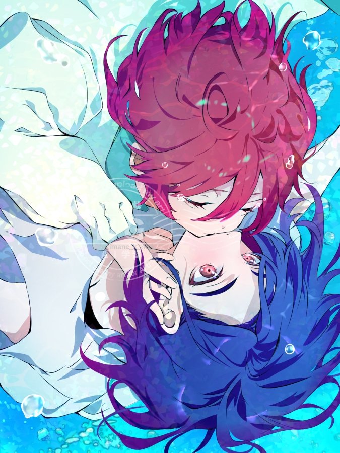 1boy 1girl air_bubble amate_yuzuriha aqua_shirt blue_hair blush bubble closed_eyes couple gundam gundam_gquuuuuux hetero holding kiss long_sleeves multicolored_hair purple_hair red_eyes red_hair school_uniform shirt short_hair shuji_ito tagimane01 tank_top tears two-tone_hair underwater upper_body upside-down white_shirt