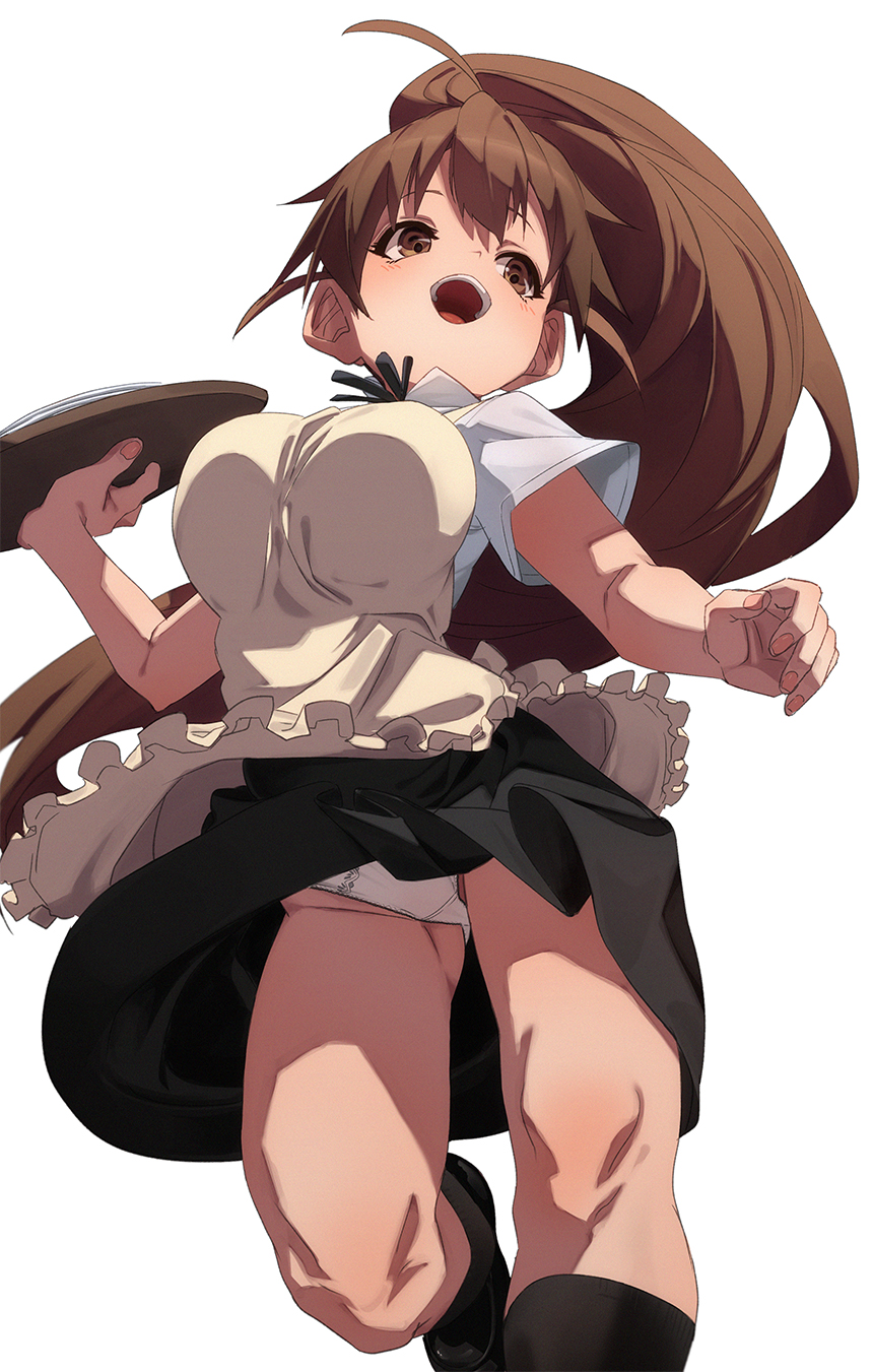 1girl apron breasts brown_eyes brown_hair fu-ta high_ponytail highres kneehighs large_breasts long_hair open_mouth panties ponytail short_sleeves skirt smile socks solo taneshima_popura tray underwear working!!