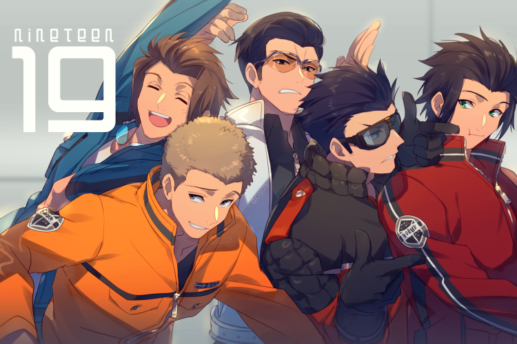 5boys :t ^_^ arashiyama_jun arm_up black_hair blonde_hair blue_jacket brown_hair cheek_poking closed_eyes echo_(circa) closed_eyes facing_viewer goggles goggles_around_neck grey_background hair_slicked_back ikoma_tatsuhito jacket jin_yuuichi kakizaki_kuniharu leaning_forward leaning_on_person leaning_to_the_side long_sleeves looking_at_another looking_at_viewer multiple_boys orange_jacket pointing poking red_jacket short_hair smile spiked_hair sunglasses upper_body white_jacket world_trigger yuba_takuma