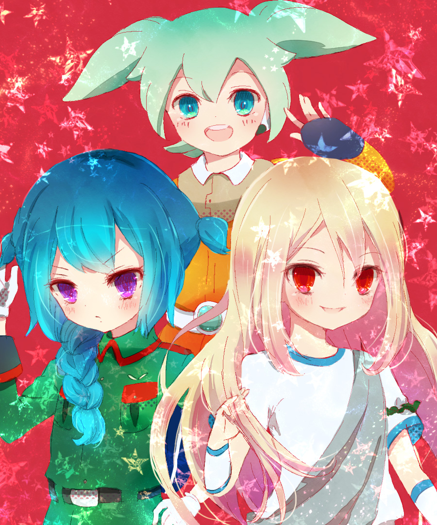 3boys afuro_terumi aqua_eyes bad_id bad_pixiv_id blue_hair braid fei_rune green_hair inazuma_eleven inazuma_eleven_(series) inazuma_eleven_go inazuma_eleven_go_chrono_stone long_hair looking_at_viewer male_focus military military_uniform mistorene_callus multiple_boys open_mouth purple_eyes red_eyes star_(symbol) upper_body yoshida_(nono_ko)