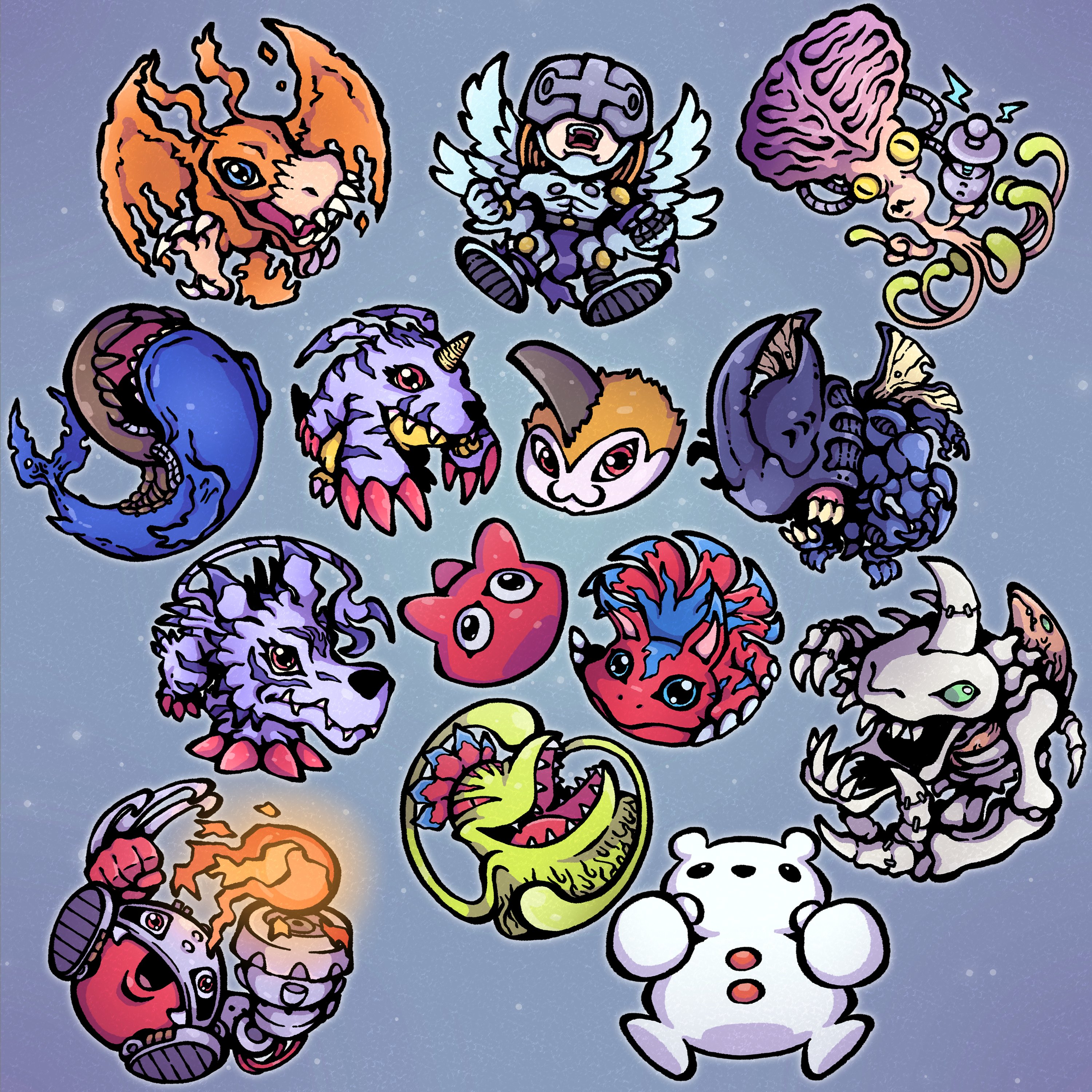 absurdres angel angel_boy angemon birdramon bug digimon digimon_(creature) elecmon exoskeleton gabumon garurumon highres horns kabuterimon metalmamemon punimon rhinoceros_beetle sharp_teeth skullgreymon teeth tunomon vademon vegimon whamon yukidarumon