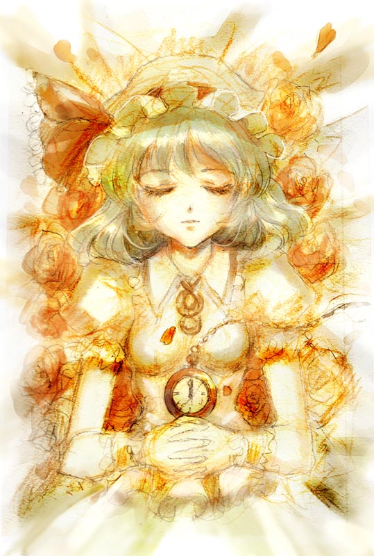 1girl bad_id bad_pixiv_id bed_of_roses blue_hair breasts closed_eyes cowboy_shot dress female_focus flower hat hat_ribbon keiko_(mitakarawa) mob_cap own_hands_clasped own_hands_together parted_lips pocket_watch puffy_short_sleeves puffy_sleeves remilia_scarlet ribbon rose short_hair short_sleeves simple_background sketch sleeping small_breasts solo touhou watch white_background wrist_cuffs