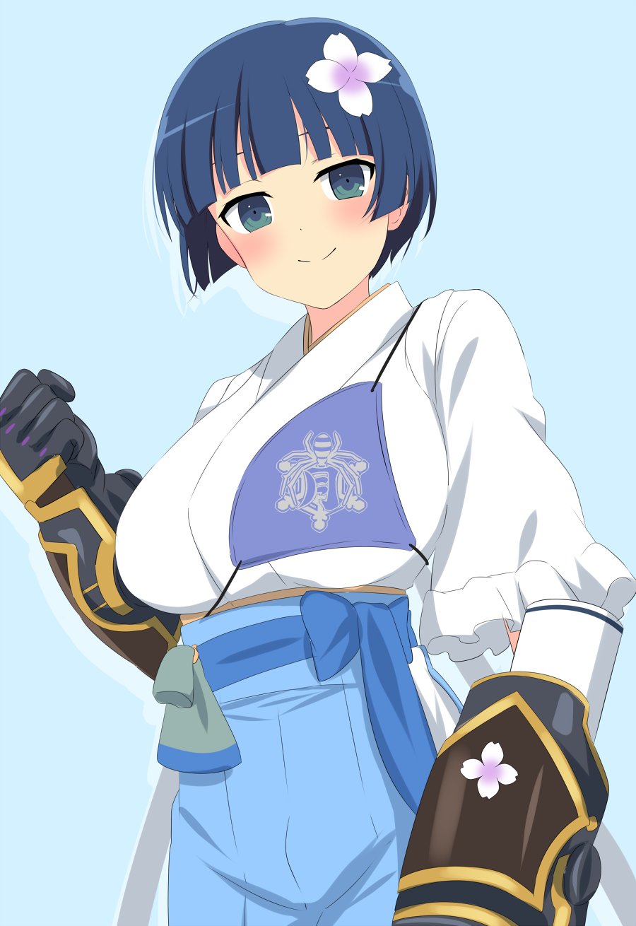 armor blue_background blue_eyes blue_hair blush bowl_cut breastplate breasts clenched_hands closed_mouth dars_(recolors) emblem flower gauntlets gessen_academy_school_uniform hair_flower hair_ornament highres large_breasts looking_at_viewer piston power_fist senran_kagura senran_kagura_new_link short_hair simple_background smile upper_body yozakura_(senran_kagura)