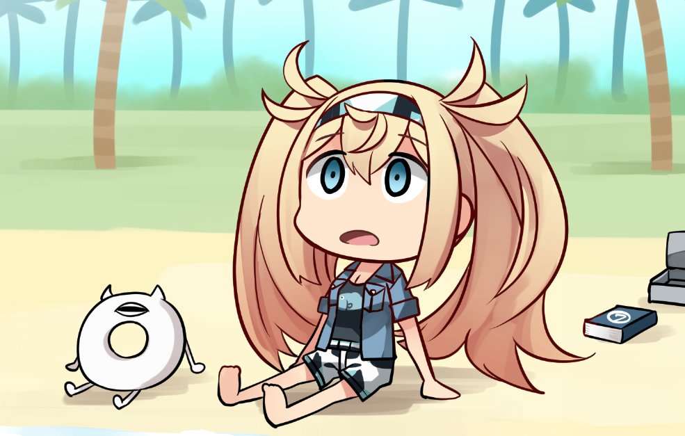 1girl abyssal_ship barefoot beach blonde_hair blue_eyes book box breasts chibi day empty_eyes enemy_lifebuoy_(kancolle) gambier_bay_(kancolle) gambier_bay_(summer)_(kancolle) hair_between_eyes hairband horns ido_(teketeke) kantai_collection long_hair open_box open_mouth palm_tree shaded_face shadow shirt short_sleeves shorts sitting t-shirt tree twintails wide-eyed