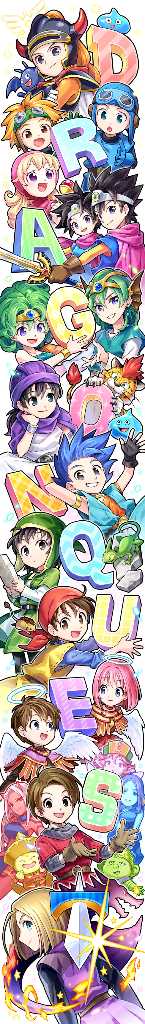 1980s_(style) 6+boys 6+girls absurdres armlet armor bandana belt black_eyes black_hair blonde_hair blouse blue_armor blue_eyes blue_gloves borongo bracer brown_eyes brown_gloves brown_hair cape chainmail circlet copyright_name dracky dragon dragon_quest dragon_quest_i dragon_quest_ii dragon_quest_iii dragon_quest_iv dragon_quest_ix dragon_quest_v dragon_quest_vi dragon_quest_vii dragon_quest_viii dragon_quest_x dragon_quest_xi dwarf_(dq10) earrings elf_(dq10) fake_horns feathered_wings fingerless_gloves gloves goggles goggles_on_headwear green_hair halo hat helmet hero_(dq1) hero_(dq10) hero_(dq11) hero_(dq4) hero_(dq5) hero_(dq7) hero_(dq8) hero_(dq9) heroine_(dq4) heroine_(dq9) highres horned_helmet horns jewelry lizard long_image monster mouse_(animal) multiple_boys multiple_girls munchie_(dq8) ogre_(dq10) oldschool pink_hair pointy_ears prince_of_lorasia prince_of_samantoria princess_of_moonbrook puklipo purple_cape purple_eyes purple_hat purple_turban red_hair red_shirt rim1010 roto_(dq3) shirt slime_(dragon_quest) spiked_hair square_enix stone_tablet sword tall_image turban weapon weddie_(dq10) white_background wings yellow_shirt