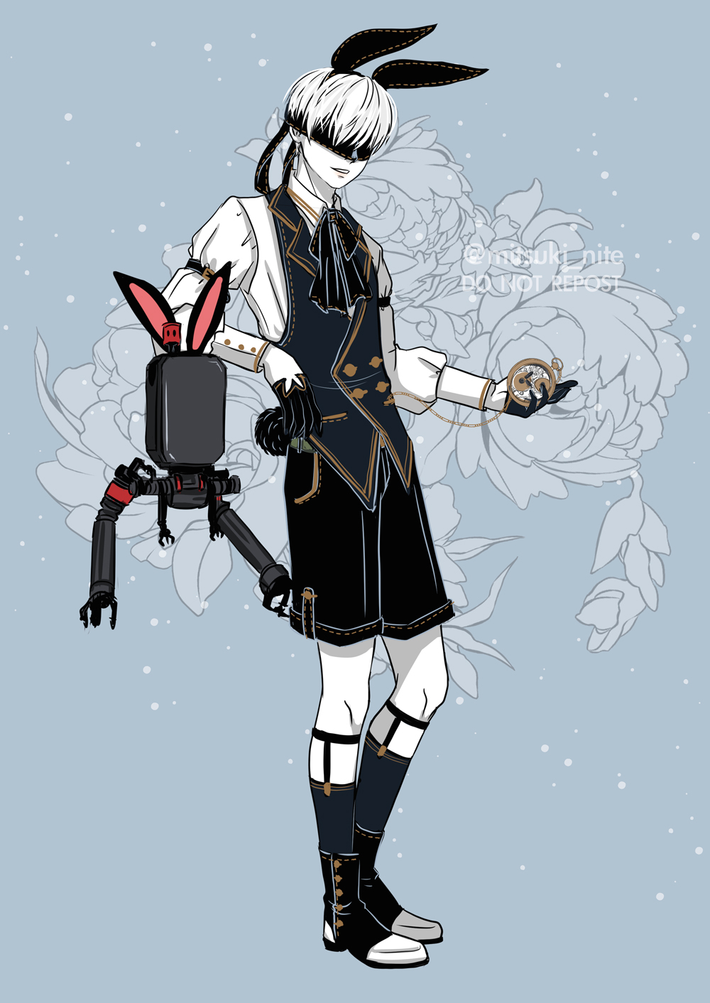 1boy 9s_(nier:automata) animal_ears ascot black_ascot black_blindfold black_shorts blindfold blue_background colored_skin commentary english_commentary fake_animal_ears floating floral_background highres holding holding_pocket_watch male_focus mitsuki_nite nier:automata nier_(series) non-humanoid_robot pocket_watch pod_(nier:automata) rabbit_ears robot short_hair shorts smile solo standing watch white_hair white_skin
