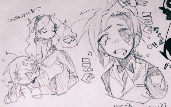 1boy 1girl bill_cipher crying cup dark_persona eyepatch formal_clothes gravity_falls hairband long_hair mabel_gleeful mabel_pines magic pantyhose personification sketch teacup telekinesis vest will_cipher