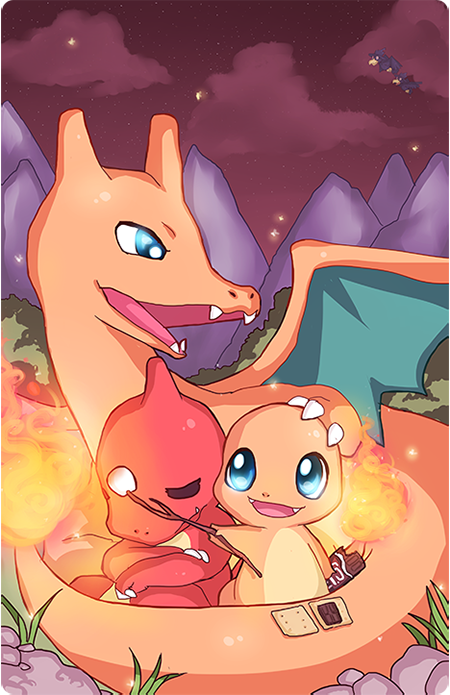 aqua_eyes charizard charmander charmeleon chocolate claws closed_eyes commentary dariendoodles english_commentary evolutionary_line fangs fire food gen_1_pokemon gen_2_pokemon graham_cracker grass holding marshmallow mountain murkrow nintendo no_humans pokemon pokemon_(creature) rock s&#039;more smile stick wings
