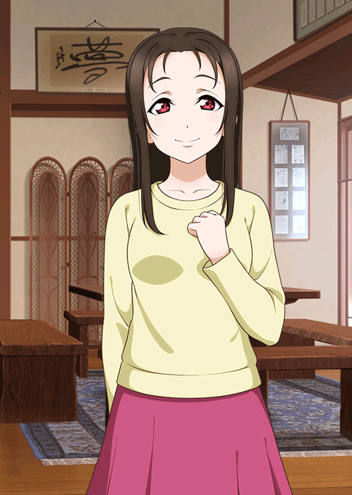 10s 1girl artist_request breasts brown_hair carpet collarbone female_focus indoors long_hair long_sleeves looking_at_viewer love_live! love_live!_school_idol_festival love_live!_sunshine!! official_art pink_skirt red_eyes skirt smile solo standing takami_shima tareme