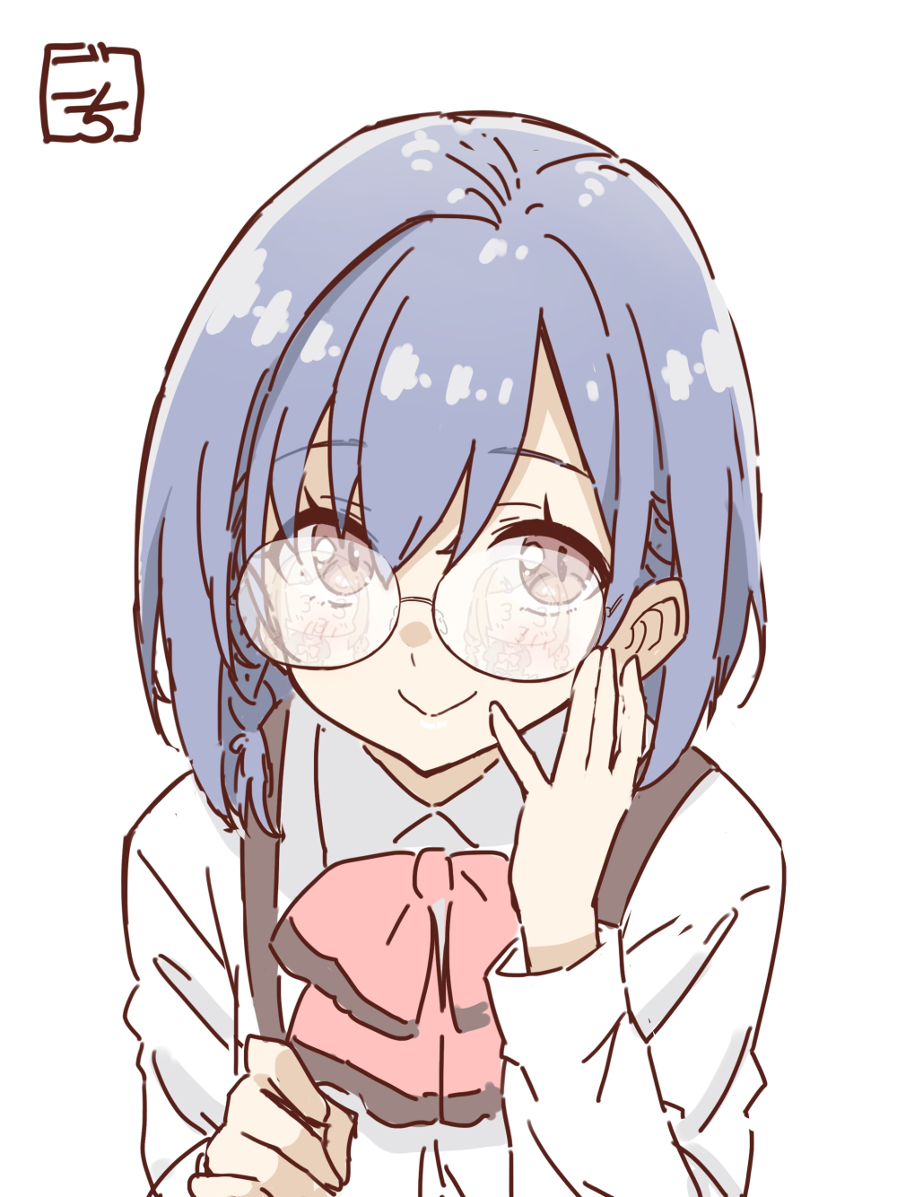 2girls 3_3 :&gt; adjusting_eyewear artist_name assault_lily bespectacled black-framed_eyewear blue_hair blush borrowed_clothes bow bowtie braid brown_eyes brown_hair chibi closed_mouth collared_shirt commentary_request glasses gochisousama_(tanin050) hair_behind_ear hair_between_eyes hands_up hasegawa_gabriella_tsugumi highres long_sleeves looking_at_viewer low_twin_braids low_twintails ludvico_private_girls&#039;_academy_school_uniform matsunaga_brigitta_kayo medium_hair multiple_girls no_eyewear pink_bow pink_bowtie reflection round_eyewear school_uniform shirt side_braid simple_background smile solo_focus suspenders twin_braids twintails white_background white_shirt