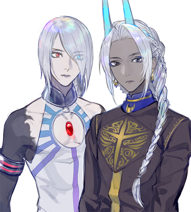 2boys alternate_costume alternate_hairstyle arjuna_(fate) arjuna_alter_(fate) arjuna_alter_(festival_outfit)_(fate) bishounen braid braided_ponytail brown_eyes collared_shirt earrings fate/grand_order fate_(series) horns indian_clothes jewelry karna_(fate) looking_at_viewer male_focus meiji_(meiji770) multiple_boys pale_skin ponytail shirt upper_body white_background