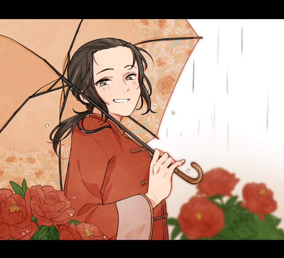 1boy axis_powers_hetalia black_border black_hair blush border brown_eyes changpao china_(hetalia) chinese_clothes commentary_request fingernails floral_print flower hand_up holding holding_umbrella leaf long_hair long_sleeves looking_at_viewer low_ponytail male_focus nbsr ponytail rain red_flower red_shirt shirt sidelocks simple_background smile solo teeth umbrella upper_body white_background wide_sleeves