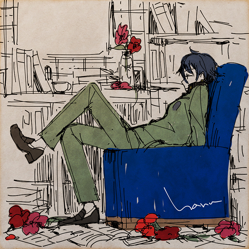 1boy black_hair chair crossed_legs earrings expressionless flower from_side grey_jacket grey_pants haruhashi jacket jewelry jitome knee_up leg_up limited_palette male_focus on_chair pants persona persona_1 profile red_flower school_uniform short_hair sitting solo spot_color st._hermelin_school_uniform toudou_naoya vase