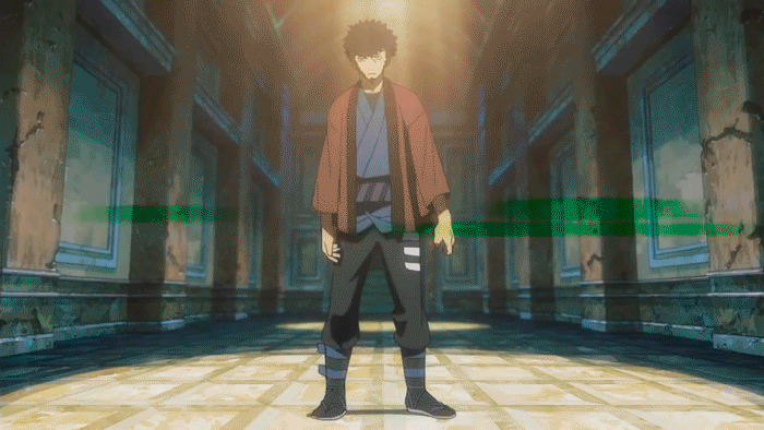 10s 1boy animated animated_gif beard black_hair dancing dimension_w facial_hair jacket japanese_clothes mabuchi_kyoma male_focus ponytail red_jacket solo