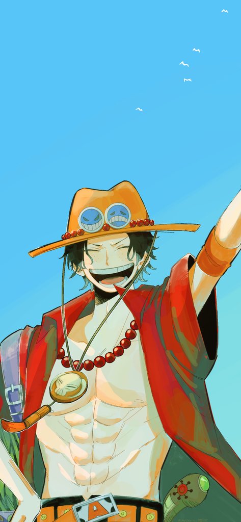 1boy ^_^ abs arm_up bird black_hair blue_sky closed_eyes elbow_pads freckles hand_on_own_hip hat jewelry male_focus mecuru_mecu necklace one_piece open_clothes open_mouth open_shirt orange_hat pearl_necklace portgas_d._ace red_shirt shirt short_hair short_sleeves single_elbow_pad sky solo upper_body