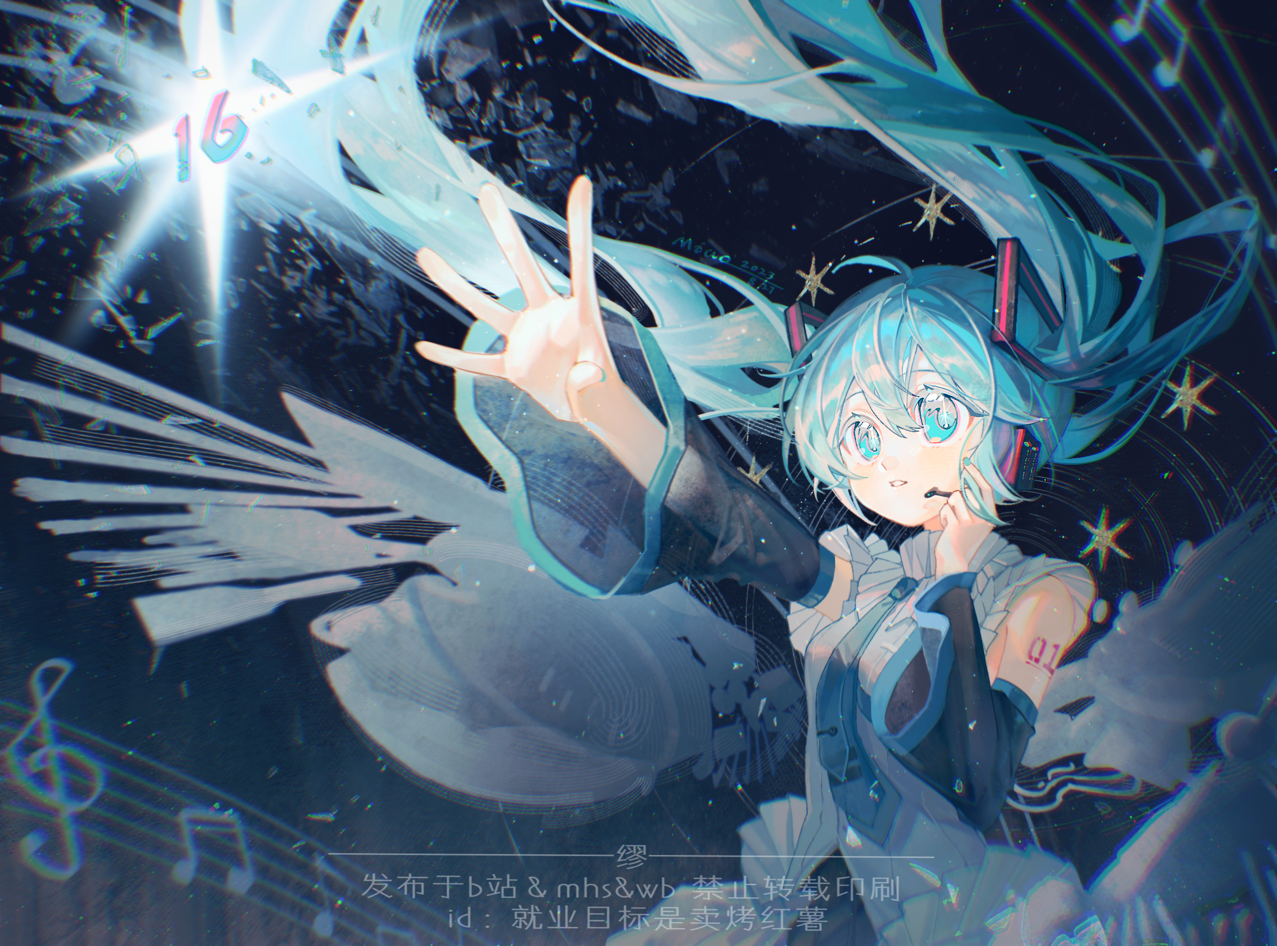 1girl aqua_eyes aqua_hair aqua_necktie bare_shoulders beamed_eighth_notes black_skirt black_sleeves blue_eyes blue_hair blue_necktie collared_shirt commentary_request detached_sleeves eighth_note floating_hair glitch grey_shirt hair_between_eyes hair_ornament hatsune_miku headphones headset highres jiuye_mubiao_shi_mai_kao_hongshu long_hair musical_note musical_staff necktie number_tattoo outstretched_arm parted_lips pleated_skirt shirt shoulder_tattoo skirt sleeveless sleeveless_shirt smile solo star_(symbol) tattoo twintails upper_body very_long_hair vocaloid white_shirt