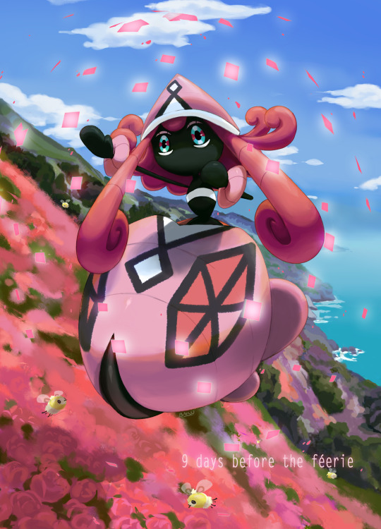 artist_collaboration blue_eyes blue_sky cloud cloudy_sky commentary creature cutiefly day english_commentary english_text flower flying gen_7_pokemon legendary_pokemon looking_at_viewer nintendo outdoors pink_flower pink_rose pinkgermy pokemon pokemon_(creature) rose ruine_maniac_(artist) sky solo_focus tapu_lele