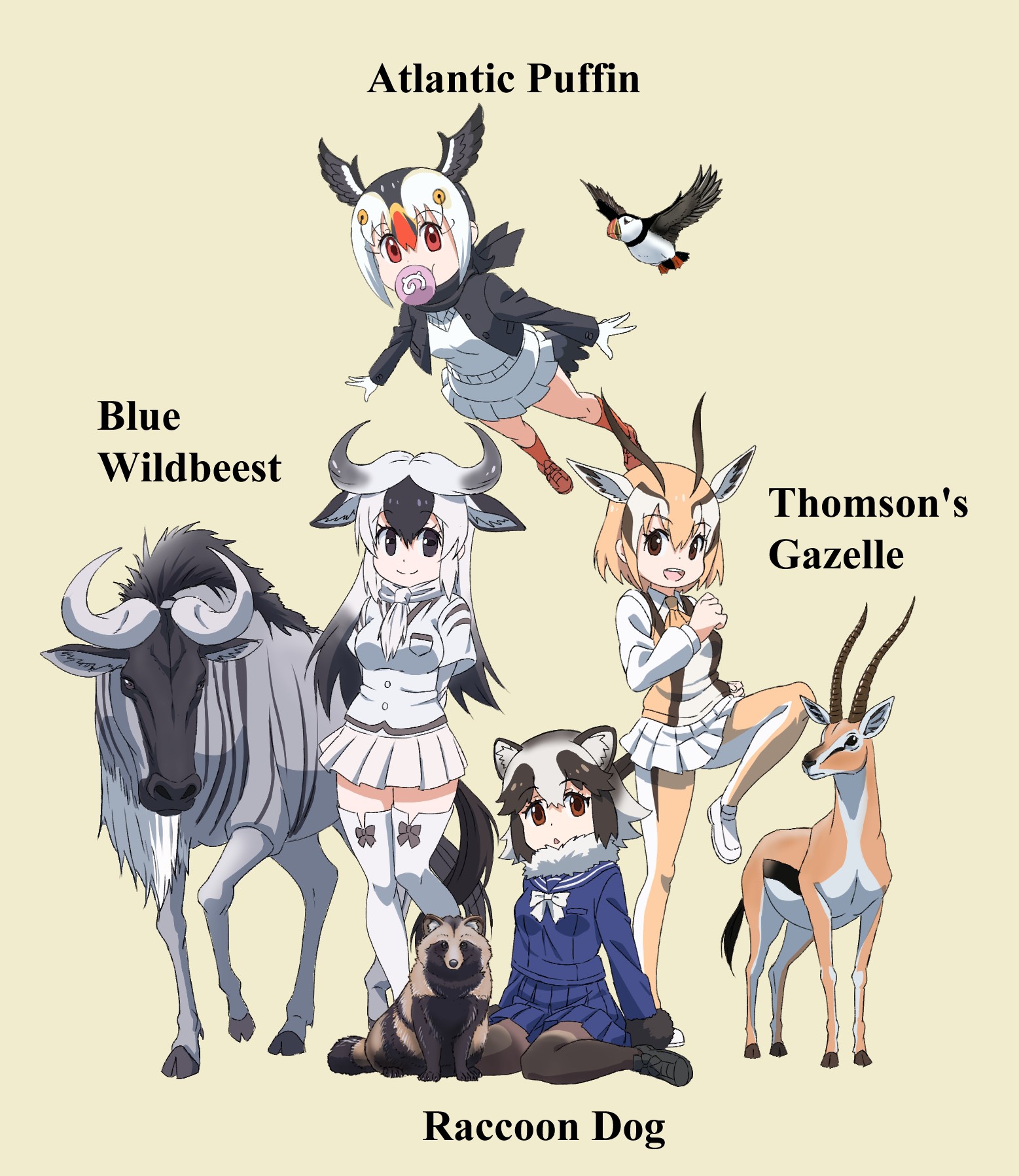 4girls animal_collar animal_ears ascot atlantic_puffin_(kemono_friends) beige_background bird black_eyes black_footwear black_hair black_jacket black_legwear black_scarf blonde_hair blouse blue_shirt blue_wildebeest_(kemono_friends) bob_cut bow bowtie brown_eyes character_name closed_mouth collar collared_shirt commentary_request creature_and_personification deer_ears deer_tail english_text extra_ears flying fur-trimmed_sleeves fur_collar fur_trim gazelle head_wings highres horns jacket japari_symbol kemono_friends kemono_friends_2 leg_up long_hair long_sleeves looking_at_viewer miniskirt mouth_hold multicolored_hair multiple_girls name_connection open_mouth ox_ears ox_horns pantyhose personification pleated_skirt puffin raccoon_ears red_eyes red_footwear red_hair red_legwear scarf school_uniform scrunchie serafuku shirt shoes short_hair short_sleeves simple_background sitting skirt smile socks standing standing_on_one_leg sweater tail tanuki tanuki_(kemono_friends) thighhighs thomson's_gazelle_(kemono_friends) two-tone_hair v-neck wariza white_hair white_neckwear white_scrunchie white_shirt white_skirt white_sweater wildebeest wings yamaguchi_yoshimi yellow_background yellow_legwear yellow_neckwear