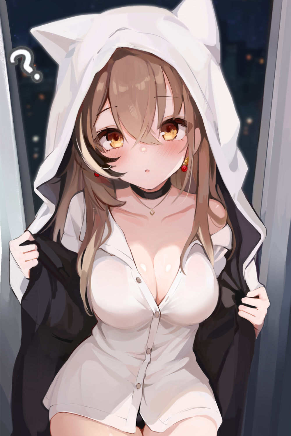 1girl ? animal_hood berry black_choker breasts brown_eyes brown_hair choker cleavage coat collarbone commentary crossed_bangs doorway earrings ears_through_headwear english_commentary food-themed_earrings hair_between_eyes highres hololive hololive_english hood hood_up hoodie jewelry koahri large_breasts long_hair long_sleeves looking_at_viewer multicolored_hair nanashi_mumei nanashi_mumei_(casual) necklace no_bra off_shoulder open_clothes open_coat panties shirt solo streaked_hair underwear virtual_youtuber white_hoodie white_shirt