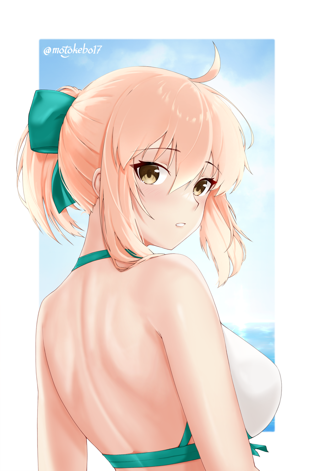 1girl ahoge back bikini blonde_hair breasts cloud commentary_request fate/grand_order fate_(series) from_behind green_ribbon hair_between_eyes hair_ribbon highres looking_at_viewer medium_breasts motokebo17 official_alternate_costume okita_j._souji_(fate) okita_j._souji_(third_ascension)_(fate) okita_souji_(fate) ponytail ribbon short_hair solo swimsuit twitter_username white_bikini