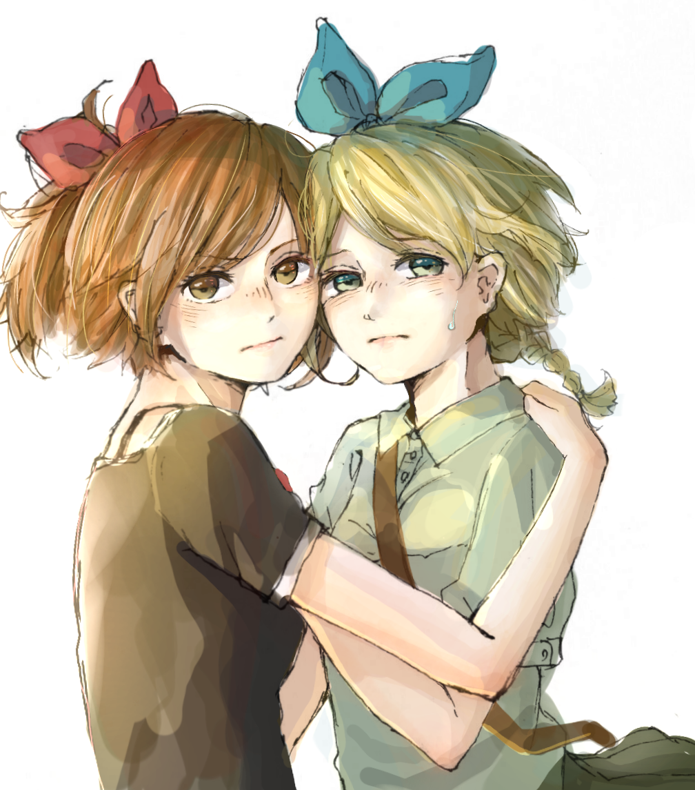 2girls bad_id bad_pixiv_id bag black_shirt blue_ribbon face-to-face forehead-to-forehead frown hair_ribbon haru_(yomawari) heads_together hug looking_at_viewer mau_sakura multiple_girls pleated_skirt ponytail red_ribbon ribbon scowl shin_yomawari shirt short_sleeves shoulder_bag skirt sweatdrop white_shirt yomawari_(series) yui_(yomawari)