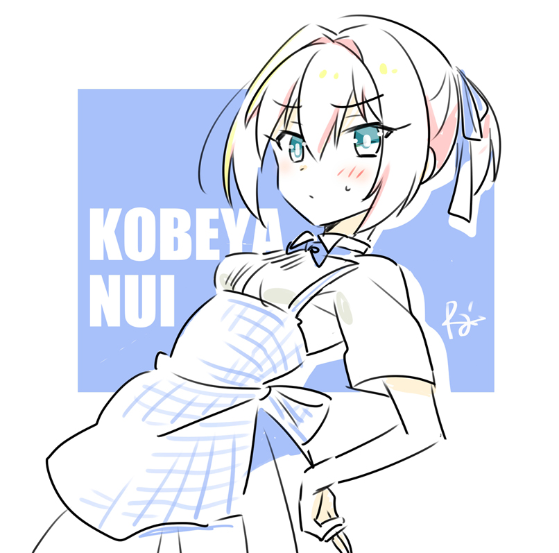 1girl alternate_costume apron blue_apron blue_bow blue_bowtie blue_eyes bow bowtie collared_shirt commentary dress_shirt employee_uniform gingham gingham_apron hair_intakes hair_ribbon hands_on_own_hips kantai_collection kobeya_uniform pink_hair pleated_shirt ponytail r-king ribbon shiranui_(kancolle) shirt short_hair signature solo white_shirt