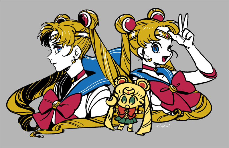 1girl bishoujo_senshi_sailor_moon blonde_hair blue_eyes blue_sailor_collar bow choker double_bun dramatica earrings eyelashes gloves hair_bun jewelry long_hair looking_at_viewer magical_girl multiple_views open_mouth red_bow sailor_collar sailor_moon sailor_senshi_uniform twintails very_long_hair white_gloves