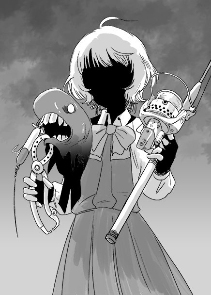 1girl abyssal_ship ahoge bow bowtie collared_shirt cowboy_shot dress dress_shirt faceless faceless_female fingerless_gloves fishing_rod gloves greyscale holding i-class_destroyer kantai_collection kishinami_(kancolle) matsuda_juukou monochrome pleated_dress school_uniform shirt short_hair solo