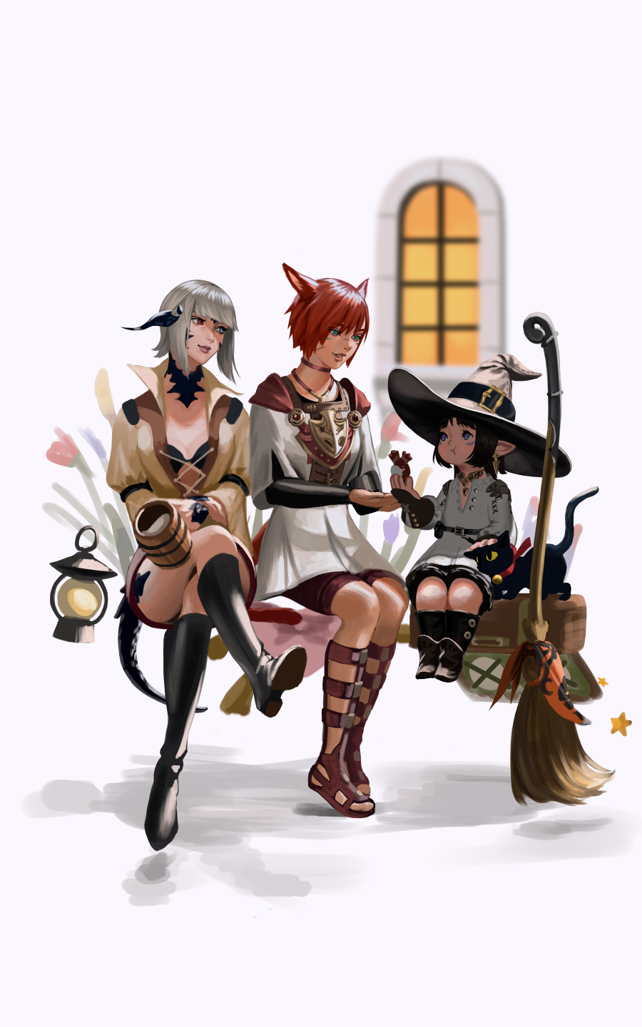 3girls animal_ears aura black_bra black_cat black_footwear black_hair blue_eyes boots bra broom brown_footwear cat cat_ears crossed_legs cup facepaint final_fantasy final_fantasy_xiv flower gen_2_pokemon green_eyes hat heterochromia highres holding holding_cup hollizho lalafell lamp lanturn looking_at_another multiple_girls parted_lips petting plant purple_eyes purple_flower red_eyes red_flower red_hair red_ribbon ribbon short_hair simple_background sitting spriggan_(final_fantasy) underwear white_background white_hair window witch_hat wooden_cup yellow_flower