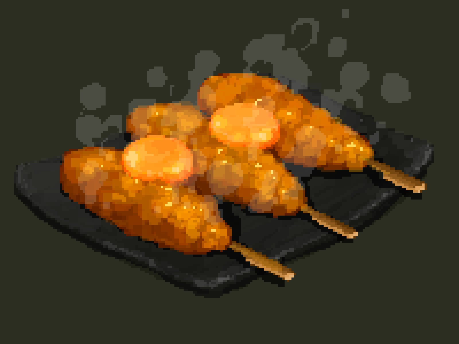corn_dog egg_yolk food food_focus green_background highres hisachan55cute no_humans original pixel_art plate scenery simple_background steaming_food stick