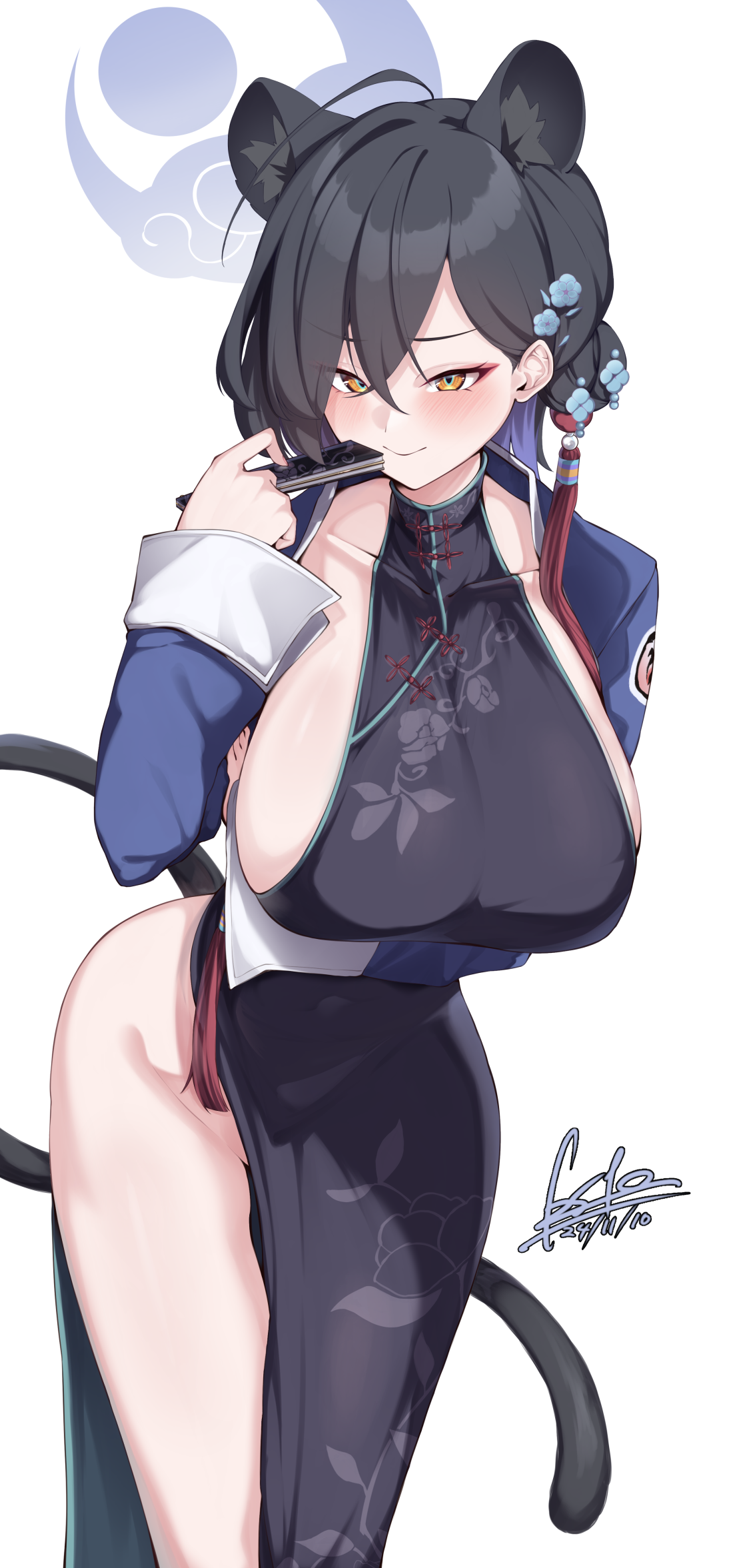 1girl animal_ears black_dress blue_archive blue_halo breasts china_dress chinese_clothes colored_inner_hair dress esto_0079 extra_ears eyeliner hair_bun hair_ornament halo highres kaguya_(blue_archive) makeup mandarin_collar multicolored_hair panther_ears panther_girl panther_tail red_eyeliner sideboob single_hair_bun sleeveless_turtleneck_dress solo tail tassel tassel_hair_ornament