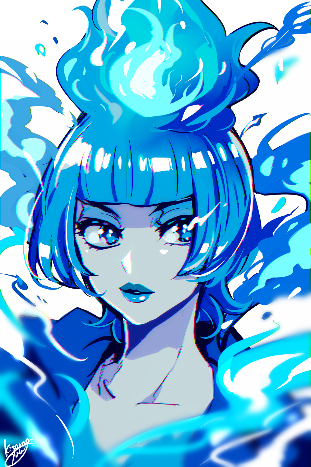 1girl blue_hair blue_lips closed_mouth disney disneyland fire formal_clothes hades_(disney) hercules_(1997_film) highres kisaragi_yuu_(fallen_sky) lipstick looking_at_viewer makeup ms._hades multicolored_hair non-web_source short_hair simple_background smile solo source_request streaked_hair suit