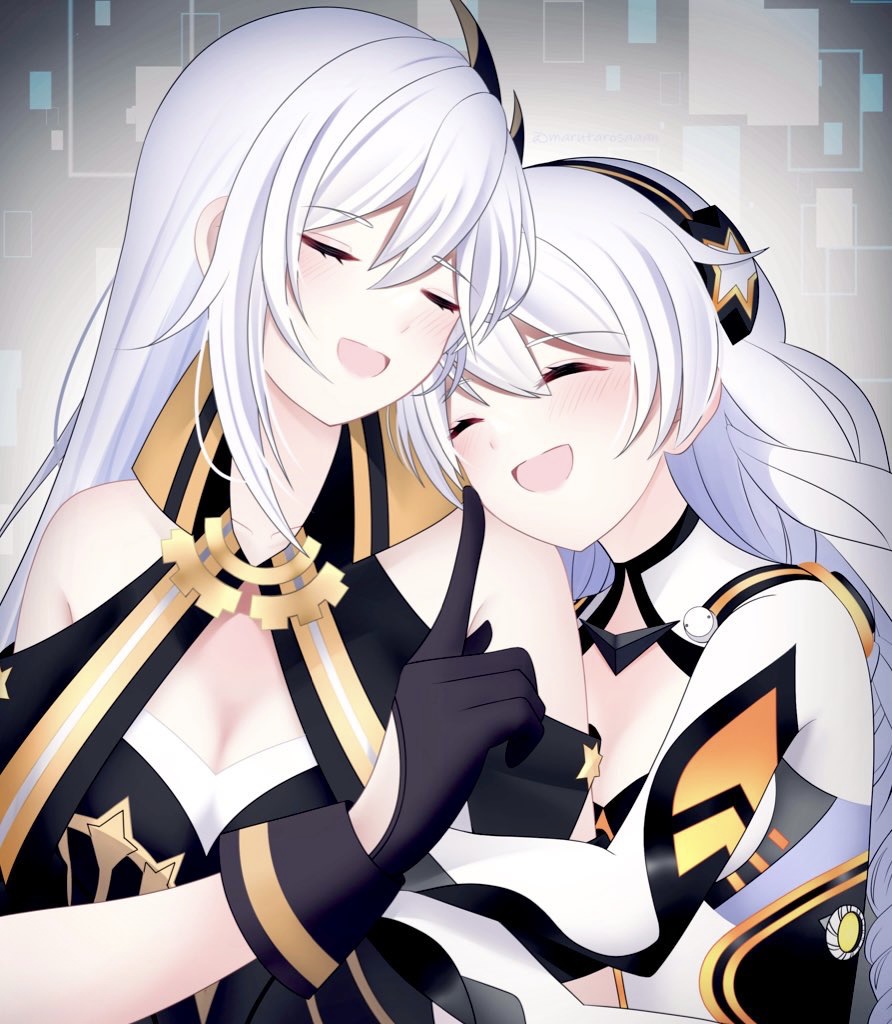 2girls bare_shoulders bodysuit breasts cecilia_schariac cleavage cleavage_cutout clothing_cutout commentary_request german_commentary gloves hair_between_eyes hair_ornament hand_on_another&#039;s_face honkai_(series) honkai_impact_3rd hug kiana_kaslana kiana_kaslana_(white_comet) long_hair marutaro mixed-language_commentary mother_and_daughter multiple_girls open_mouth smile star_(symbol) star_hair_ornament very_long_hair white_bodysuit white_hair