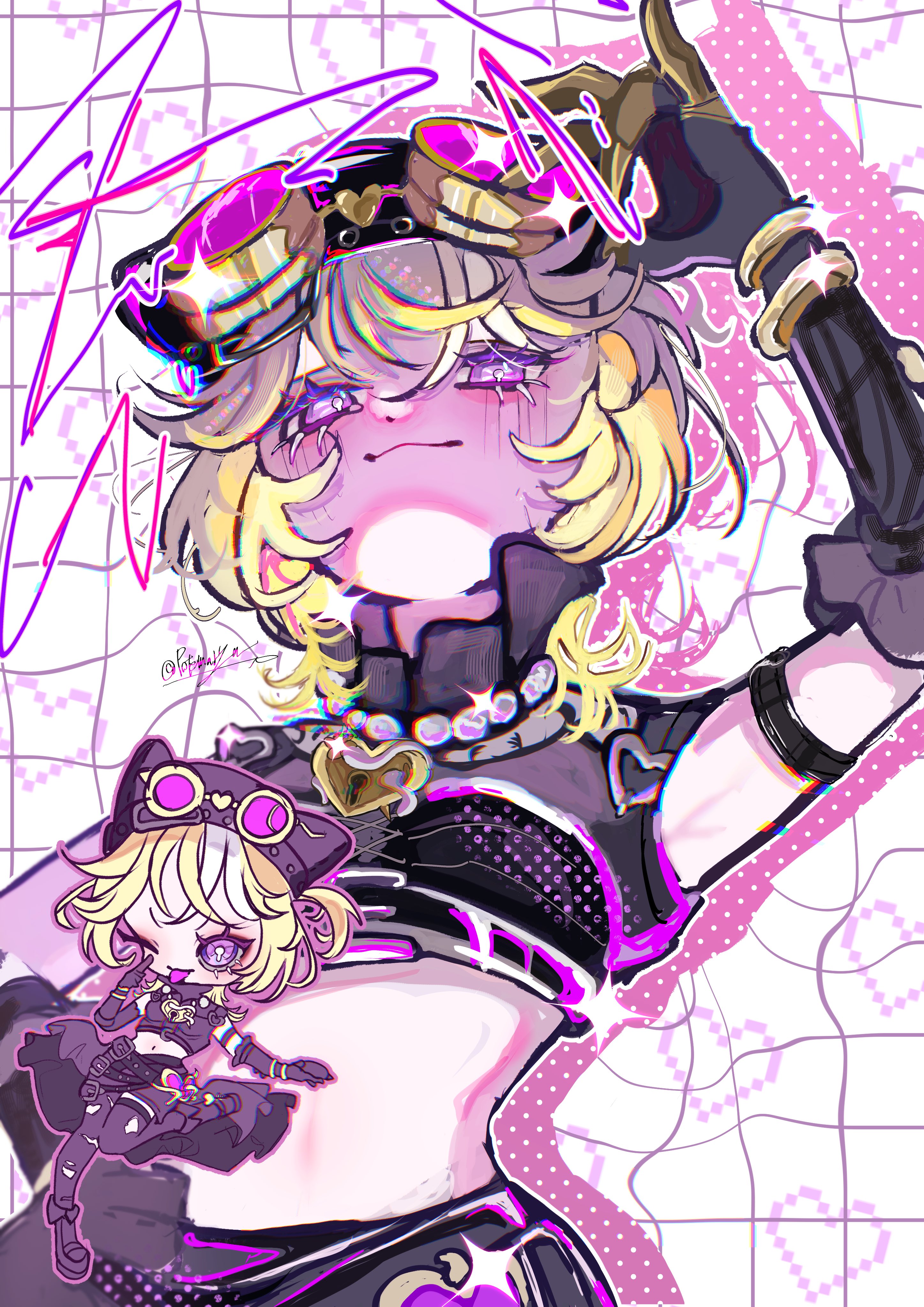 1girl absurdres adjusting_eyewear belt black_belt black_boots black_gloves black_hat black_shirt black_skirt black_thighhighs blonde_hair blush boots bright_pupils chibi chibi_inset closed_mouth commentary_request crop_top drop_shadow elbow_gloves eyelashes gloves goggles hat heart highres identity_v jewelry lock lock_necklace midriff multiple_belts necklace one_eye_closed outline pink-tinted_eyewear pink_outline potemaryu purple_eyes shirt short_hair skirt smile sparkle standing standing_on_one_leg symbol-shaped_pupils thighhighs tinted_eyewear tongue tongue_out torn_clothes torn_thighhighs tracy_reznik tracy_reznik_(lock_core) white_pupils
