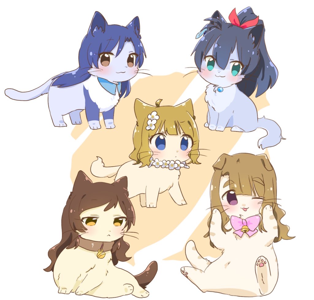 :3 ;p animal animal_collar animal_focus animalization bell black_hair blue_eyes blue_hair blush bow bowtie brown_eyes brown_hair cat closed_mouth collar flower ganaha_hibiki green_eyes hair_flower hair_ornament hutaba idolmaster idolmaster_million_live! kisaragi_chihaya kitazawa_shiho long_hair looking_at_viewer miyao_miya neck_bell no_humans one_eye_closed pink_bow pink_bowtie ponytail purple_eyes short_hair smile suou_momoko tongue tongue_out white_background white_flower