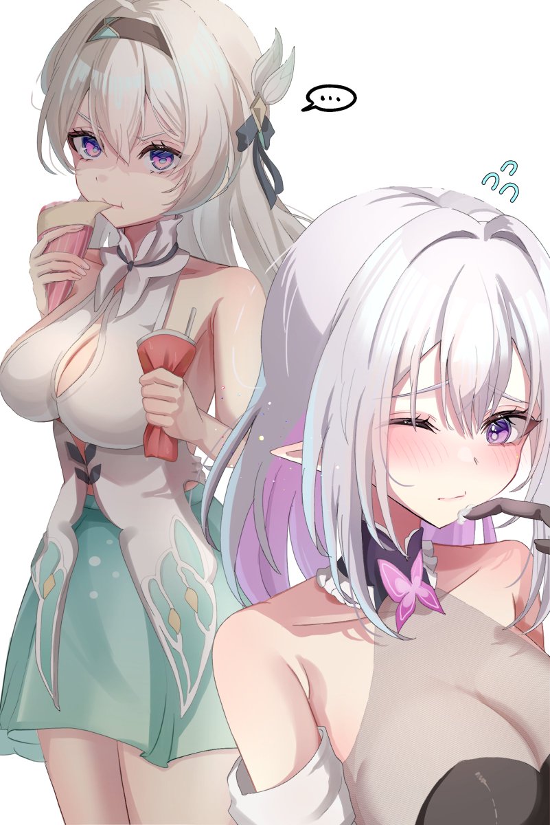 ... 2girls aqua_skirt bare_shoulders breasts castorice_(honkai:_star_rail) chuuna_(unagiunazy) cleavage crepe eating firefly_(honkai:_star_rail) food hairband highres holding holding_crepe holding_food honkai:_star_rail honkai_(series) jealous large_breasts long_hair medium_hair multiple_girls one_eye_closed pointy_ears purple_eyes purple_hair shaded_face shirt skirt sleeveless sleeveless_shirt white_background