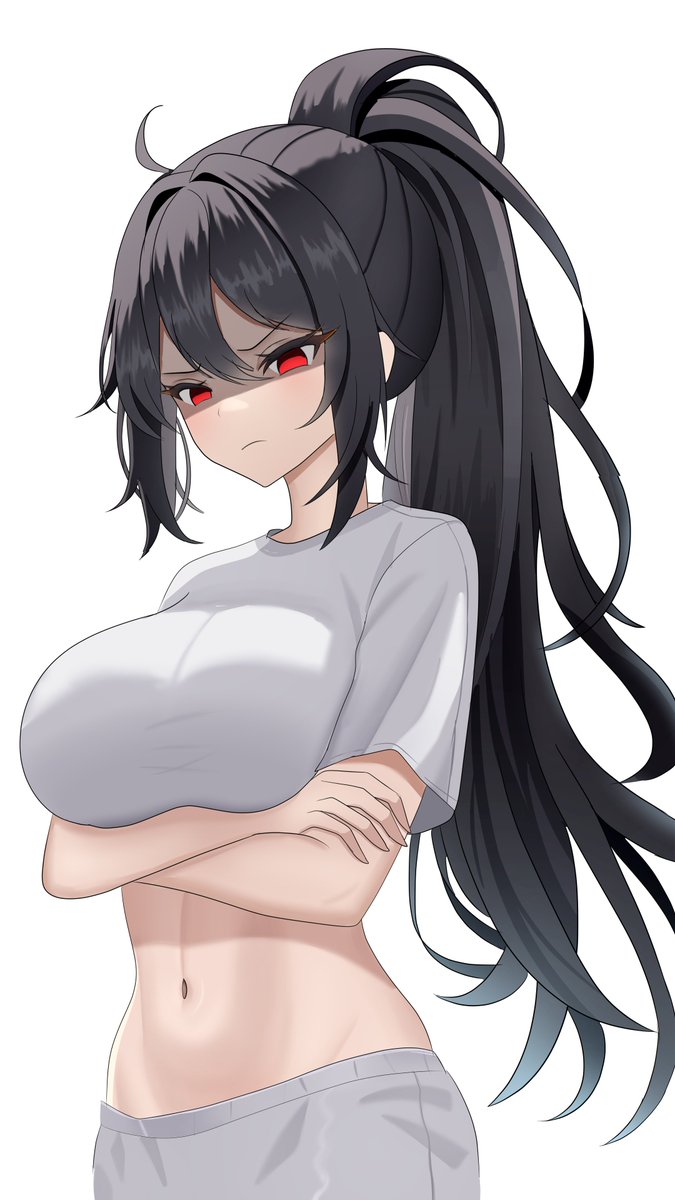 1girl angry black_hair blush breasts crossed_arms from_below glaring highres large_breasts long_hair looking_at_viewer midriff navel original ponytail red_eyes shirt solo white_background yissou_art