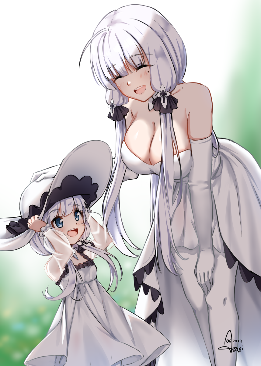 2girls :d ^_^ arm_support azur_lane bent_over blunt_bangs breasts cleavage closed_eyes commentary_request dress elbow_gloves gloves grey_eyes hair_ribbon hat headpat height_difference highres illustrious_(azur_lane) large_breasts little_illustrious_(azur_lane) long_hair looking_at_another mole mole_under_eye mother_and_daughter multiple_girls name_connection open_mouth pantyhose ribbon see-through_clothes see-through_sleeves sidelocks size_difference sleeveless smile strapless strapless_dress sundajin_asagi tress_ribbon tri_tails unworn_hat unworn_headwear white_background white_dress white_gloves white_legwear