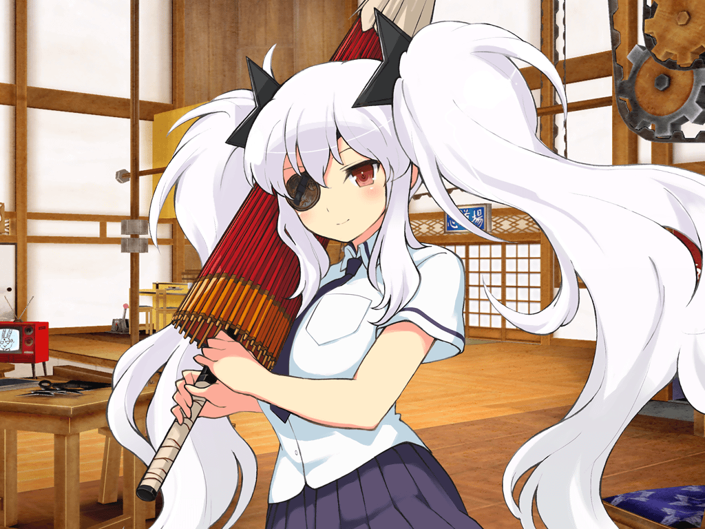 1girl architecture blue_necktie blue_skirt blush breast_pocket breasts closed_mouth closed_umbrella crt east_asian_architecture eyepatch gears hair_ornament hanzou_academy_school_uniform holding holding_umbrella indoors kunai large_breasts long_hair looking_at_viewer necktie ninto_(senran_kagura) official_art oil-paper_umbrella pleated_skirt pocket radio_antenna red_eyes school_uniform senran_kagura senran_kagura_new_link senran_kagura_shoujo-tachi_no_shin&#039;ei shirt short_sleeves shouji shuriken_hair_ornament sidelocks skirt sliding_doors smile solo table twintails umbrella very_long_hair weapon white_hair white_shirt wooden_chair wooden_table yaegashi_nan yagyu_(senran_kagura)
