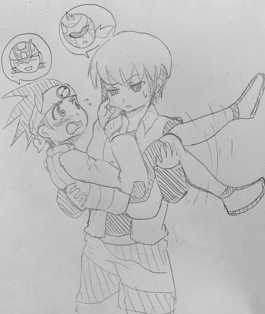 artist_request bandana bare_legs blush capcom carrying carrying_person child eugene_chaud eugene_chaud_(mega_man) jacket lan_hikari_(mega_man) lan_hikari_(mega_man) legs mega_man_(series) mega_man_battle_network mega_man_battle_network_(series) megaman.exe princess_carry protoman.exe shoes short_hair shorts sweatdrop traditional_media yaoi