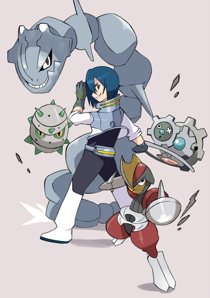 1boy a.c._eos_(mega_man) bisharp blue_hair ferroseed full_body gen_2_pokemon gen_5_pokemon gloves grey_background grey_gloves klinklang mega_man_(series) mega_man_star_force_(series) mega_man_star_force_3 miyata_(lhr) nintendo pokemon pokemon_(creature) simple_background smile standing steelix