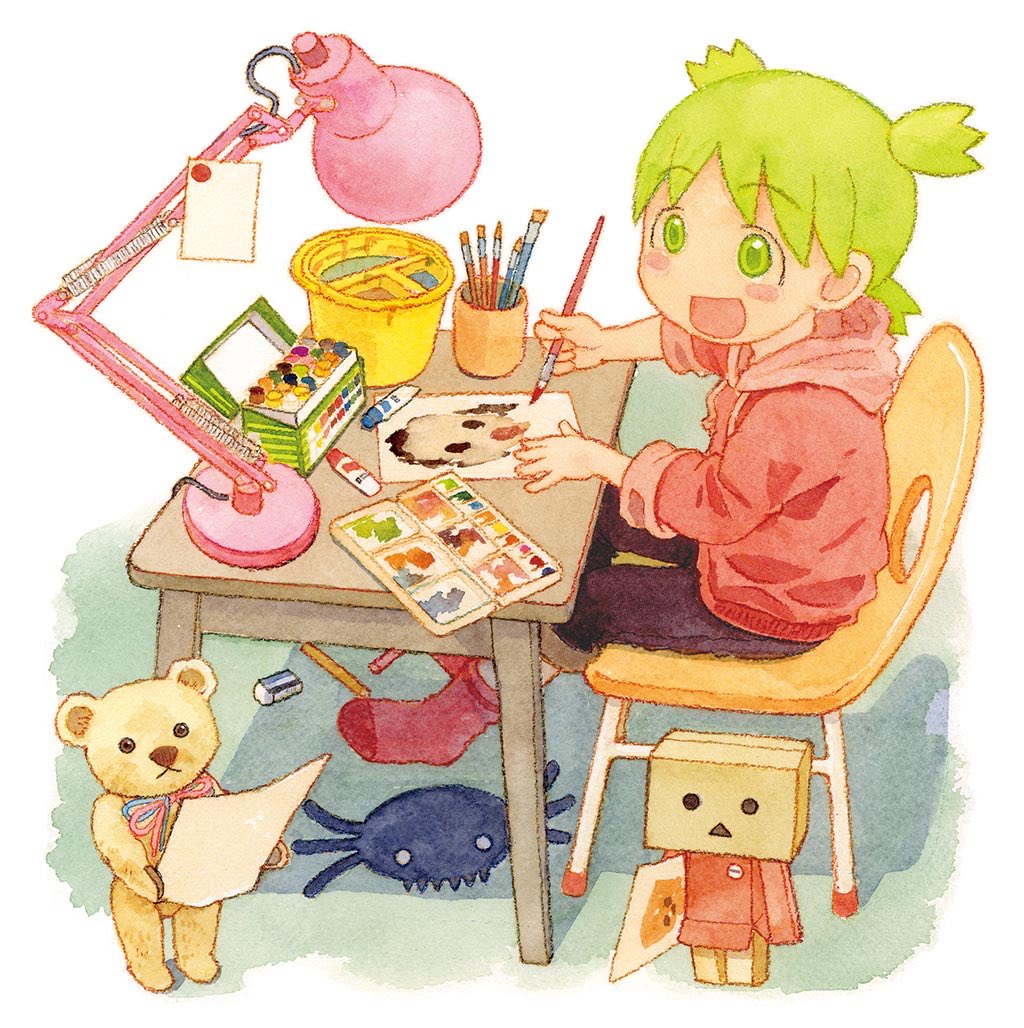 1girl :d azuma_kiyohiko blush_stickers border box brown_pants bucket cardboard_box chair commentary cup danboo desk desk_lamp duralumin from_side full_body green_eyes green_hair grey_background holding holding_paintbrush holding_paper hood hood_down hoodie koiwai_yotsuba lamp long_sleeves looking_afar looking_ahead official_art on_chair open_mouth paint paintbrush painting_(action) painting_(medium) paint_palette pants paper pink_hoodie pink_socks quad_tails short_hair sitting smile socks solo stuffed_animal stuffed_spider stuffed_toy teddy_bear traditional_media watercolor_(medium) white_border yotsubato!